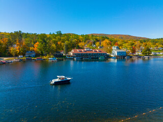 Alton Bay at Lake Winnipesaukee aerial view on Harmony Park and village of Alton Bay in fall in town of Alton, New Hampshire NH, USA. 