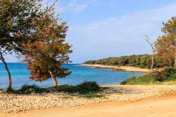 Rocky beach with blue sea at Cisterna Beach near Rovinj