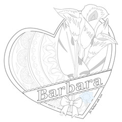 Black and white flower decoration with name Barbara, heart frame. Coloring book page. Vector illustration.