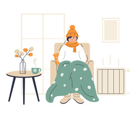 Young woman wrapped in plaid. Low room temperature. Person freezes from cold indoors. Girl warming herself near heater. Character shivering from cold. Flat vector illustration on white background.