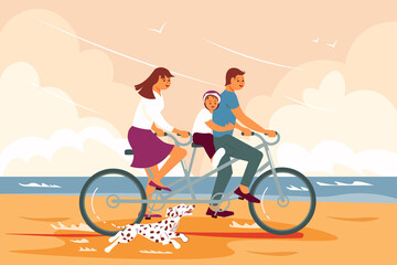Happy family on tandem bicycle have a bike ride on the sea shore
