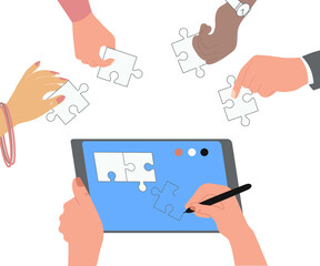 Human hands creating puzzles on a tablet, multinational colleagues or employees help