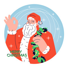 Christmas card with cute Santa Claus raised a hand and shows okay