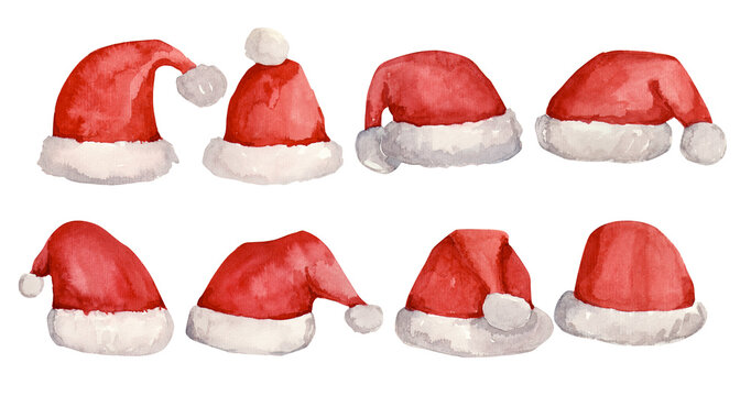 Watercolor set of red santa claus hats