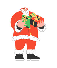 Christmas card with cute Santa Claus holding a lot of gift boxes