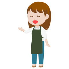 シンプルな主線なしのイラスト / 笑顔で案内や説明をするエプロンの女性