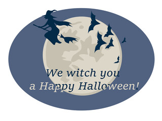 Halloween banner with witch flies on a broom against the moon