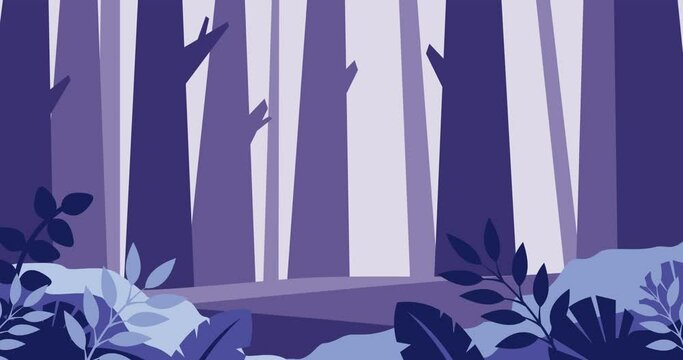 animated natural background of forest and tall trees blue and purple gradations