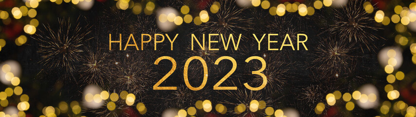 Happy New Year 2023, New Year's Eve Party background banner panorama long greeting card - Golden...