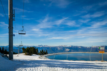 Chamrousse France 06 11 2022 winter hike around the Chamrousse ski resort in Is&egrave;re, Lac des Vallons, artificial lake, snowy landscapes