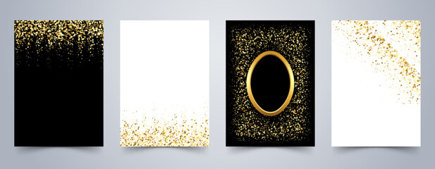 Banners with golden shiny confetti on white and black. Vector flyer templates for wedding, invitation cards, business brochure design, certificates.