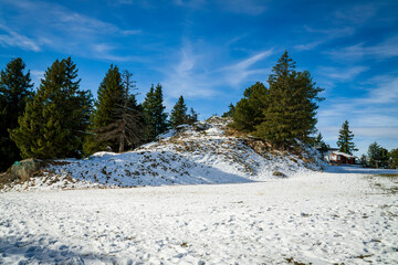 Chamrousse France 06 11 2022 winter hike around Lac Achard, pretty mountain lake located at 1917...