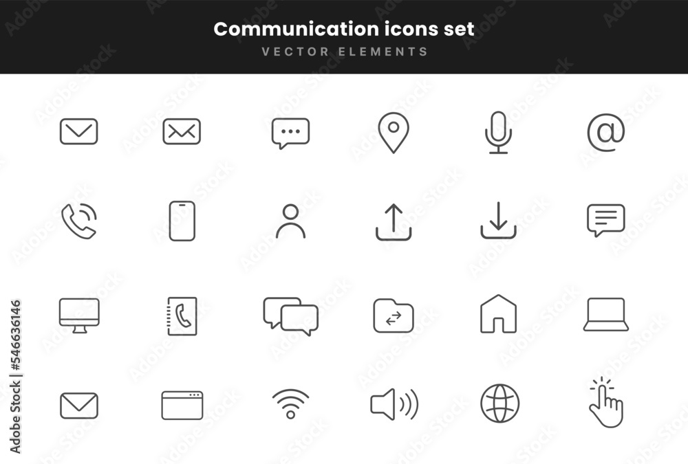 Poster Set contact icon simple line style communication icons. Message chat messaging chatting phone talking location internet people mail inbox icon symbol sign for UI UX website mobile app.