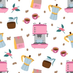 Seamless pattern with different coffee elements collection.
Coffee machine, geyser coffee maker and filter kettle, cups. Vector illustration for coffee shop, coffee bean packaging
