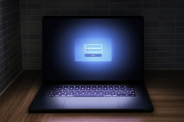 Password to personal data security and cyber protection in laptop. Login lock screen in computer in...