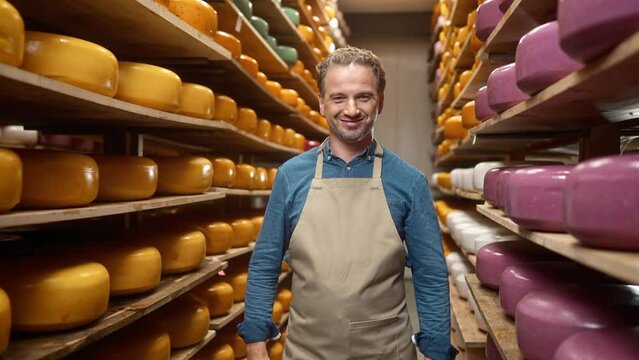 Close up portrait of cheerful adult middle-aged Caucasian man in apron standing at storage house with cheese heads smiling to camera. Wheels of cheese on wooden shelves at dairy factory Craft business
