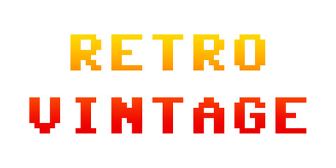 The isolated text Retro Vintage, looking like a funky colorful game screen, 8 bit retro style, red and yellow gradient.	retro,vintage,screen,8 bit,words,1980s,communication,computer,concept,digital,di