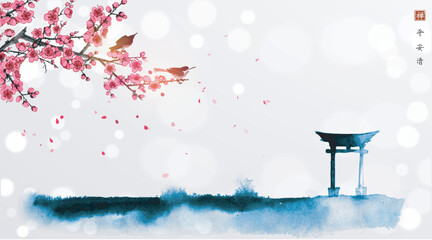 Landscape with torii sacred gates and sakura in blossom on white glowing background. Traditional oriental ink painting sumi-e, u-sin, go-hua. Hieroglyphs - peace, tranquility, clarity, zen - obrazy, fototapety, plakaty