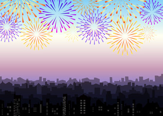 Celebrated festive firecracker over town. City silhouette with fireworks. Jpeg skyscrapers landscape with bright holiday salute