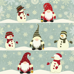 Christmas illustration with  cute cartoon gnomes and snowmans in winter - 546638949