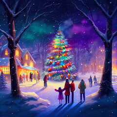 Obraz premium Christmas time festivities - Family Gathering in beautiful snowy bright village