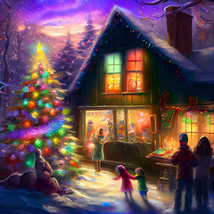 Christmas time festivities - Family Gathering in beautiful snowy bright village