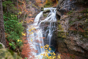 Spectacular view of the Ordesa Valley with the colors of autumn. Ordesa and Monte Perdido National...