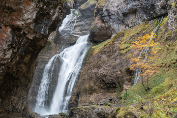 Spectacular view of the Ordesa Valley with the colors of autumn. Ordesa and Monte Perdido National Park in Huesca, Aragon, Spain