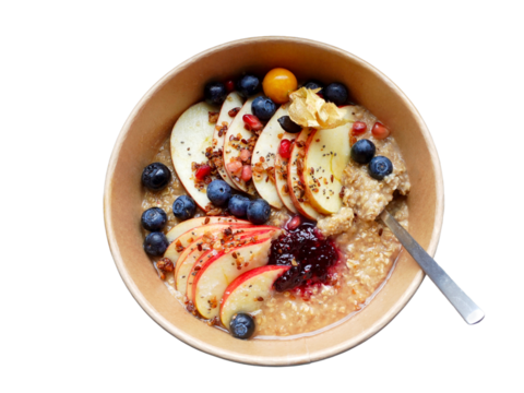 Bowl with ready to eat  hot porridge with fresh fruits and apples  isolated on transparency photo png file 