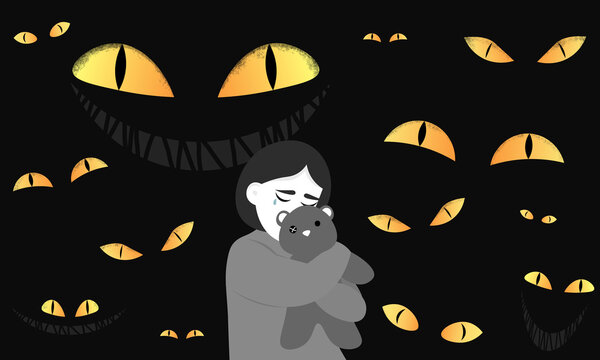 A little scared girl hugs a teddy bear. Fear of the dark. Children are afraid to sleep in the dark with the lights off. Childhood loneliness and a sense of helplessness. Monsters surrounded kid