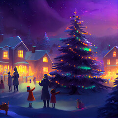 Christmas Family Gathering Celebration in Winter with Trees and Christmas Lights