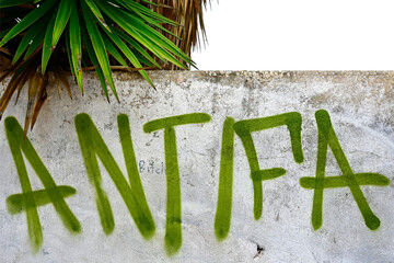 Green color ANTIFA graffiti on white wall, yucca plant, Lagos, Algarve, Portugal, Europe