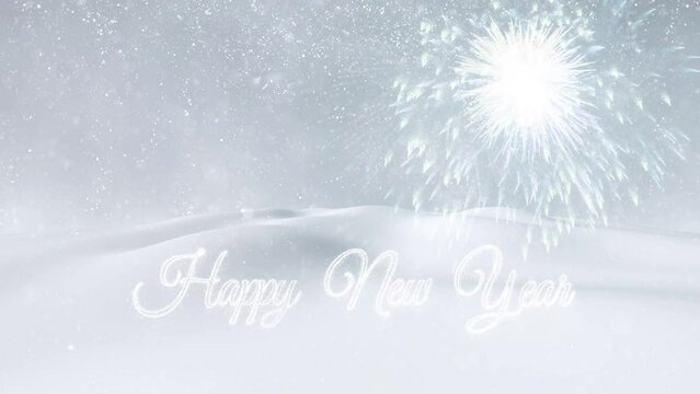Happy new year looped snowy landscape greetings card.