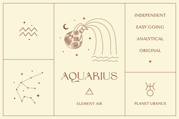 Aquarius Zodiac Sign Design Illustrations. Esoteric Vector Element, Icon - 546642565
