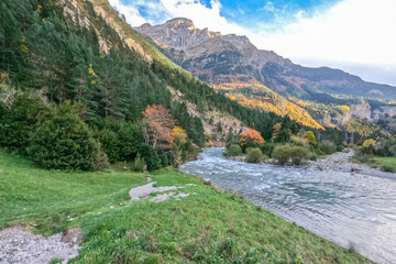 Spectacular view of the Ordesa Valley with the colors of autumn. Ordesa and Monte Perdido National...