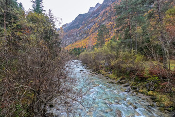 Spectacular view of the Ordesa Valley with the colors of autumn. Ordesa and Monte Perdido National Park in Huesca, Aragon, Spain
