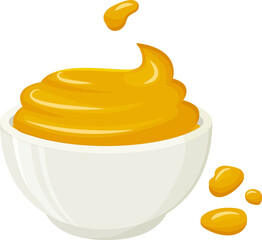 Mustard sauce bowl vector icon, honey cream, cartoon dip spice, yellow dressing. Food illustration