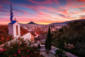 View of Lycabettus hill from Anafiotika neighborhood in Athens.