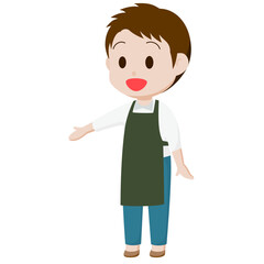 シンプルな主線なしのイラスト / 案内や説明をするエプロンの男性
