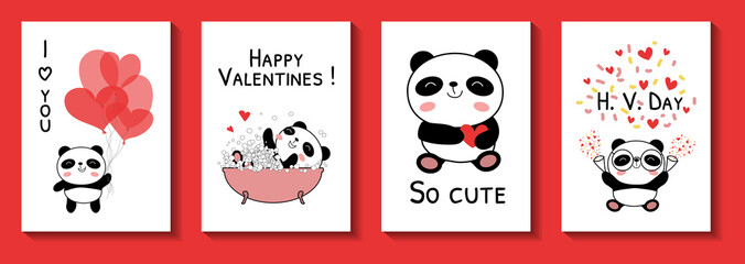 Valentines day cards with baby pandas vector illustration. Cute panda bear collection with red hearts on white. I love you, Happy Valentines, So cute, H. V. Day phrases. Flat style