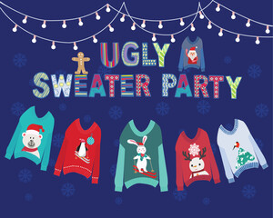 Vector Christmas poster with hanging ugly Christmas sweaters party and string lights. Christmas holiday cute ugly sweater party invitation design. - 546646317