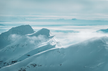 Wild and untouched snowy mountain landscape in breathtaking winter atmosphere photographed in Mölltal Glacier ski resort. Mölltaler glacier, Flattach, Kärnten, Austria, Europe.