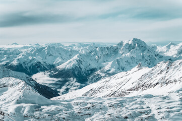 Fototapeta na wymiar Wild and untouched snowy mountain landscape in breathtaking winter atmosphere photographed in Mölltal Glacier ski resort. Mölltaler glacier, Flattach, Kärnten, Austria, Europe.