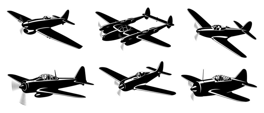 WWII Fighter Planes silhouettes collection isolated on white. Volume 3. Vector cliparts.