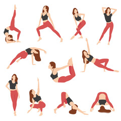 Sporty Girl Vector Illustration. Set of yoga poses. Stretching Girls. Female Sport, Women in sportive wear flat vector illustration	
