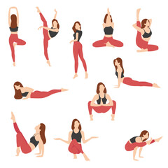 Sporty Girl Vector Illustration. Set of yoga poses. Stretching Girls. Female Sport, Women in sportive wear flat vector illustration	
