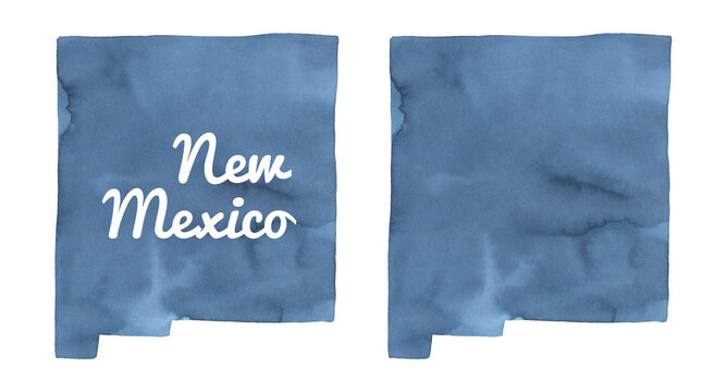Watercolour illustration set of New Mexico State Map in two variations: empty template and with text example. Hand painted water color drawing, isolated clipart elements for design, poster, banner.