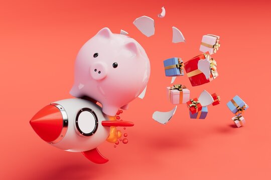 quick spending of money on gifts. rocket flying with a broken piggy bank and gifts on a red background. 3D render