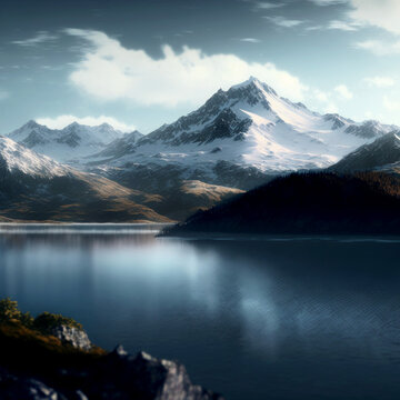 Vertical shot of a untouched strong mountains with beautiful river 3d illustrated