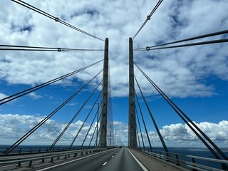 Highway empty bridge, asphalt bridge, blue sky with white clouds